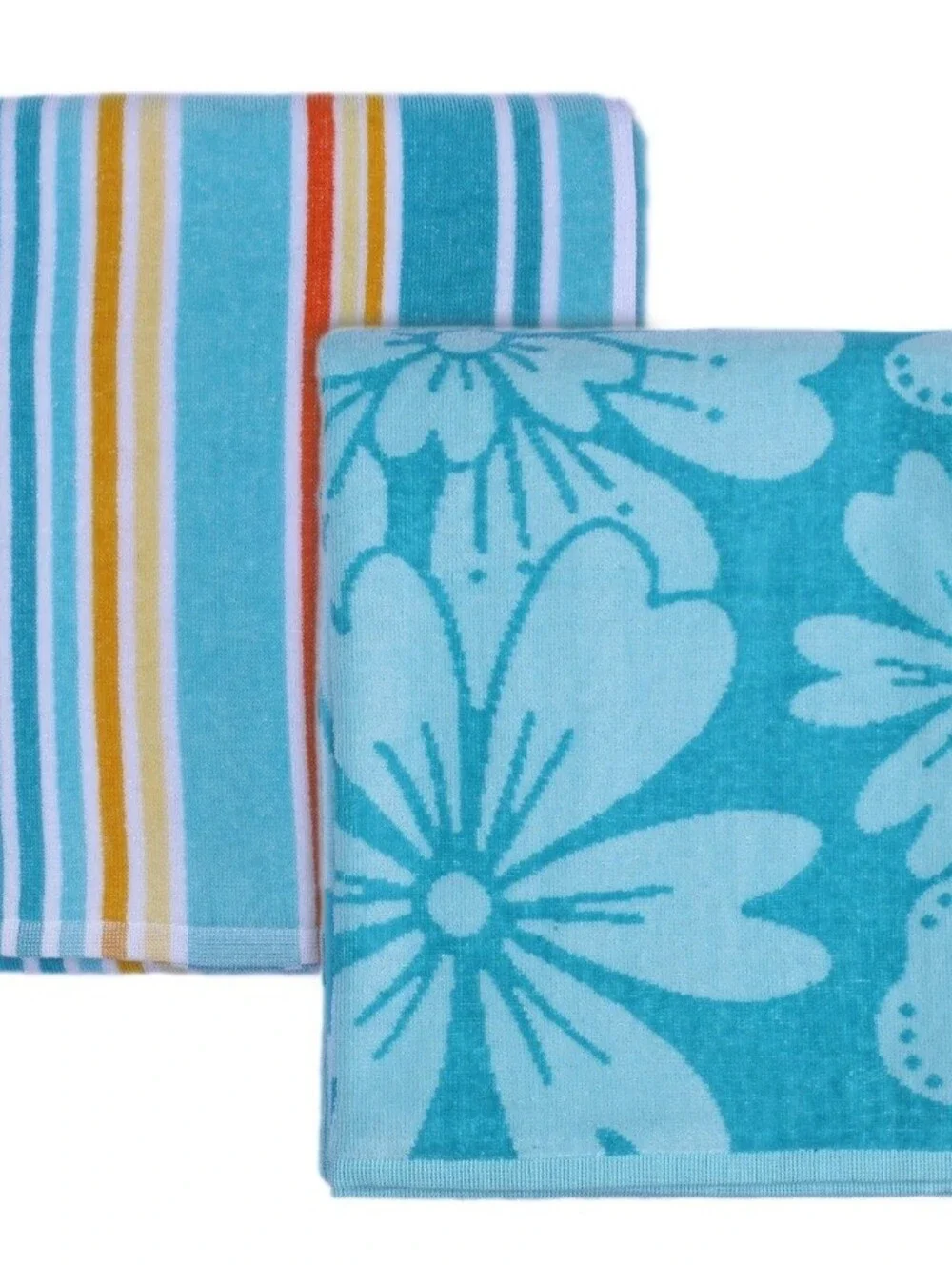 2-Pack Beach Towels Green Floral & Striped Quick Dry Cotton Blend Bath Hang Loop